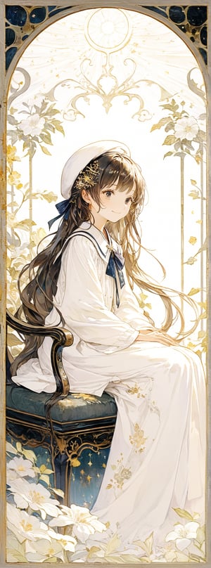 Title: "Innocence Unveiled: A Portrait of Youth"

Subheading: "Ethereal Elegance"

In the hallowed halls of a classroom, a scene of profound innocence unfolds. A young child, the embodiment of purity and grace, sits alone, a vision of serenity amidst the hustle and bustle of school life. Oomorohanako1, with her brown hair cascading like a river of chocolate and eyes that sparkle with the light of curiosity, radiates a charm that captivates the very essence of beauty.

Clad in a pristine school uniform, adorned with a white beret that adds a touch of whimsy to her ensemble, the child exudes a sense of elegance beyond her years. Her long sleeves drape delicately over her slender arms, framing hands that possess a beauty so ethereal, they seem almost otherworldly. Each finger, a masterpiece of creation, perfectly formed and exquisitely detailed, speaks to the divine artistry of the human form.

As she sits on a chair, her posture exudes a sense of quiet contemplation, a moment frozen in time that captures the essence of youth and innocence. The Dutch angle from which she is viewed adds a touch of dynamism to the scene, infusing a sense of movement and energy into an otherwise tranquil tableau.

Authored by kyo8sai, this magnificent creation stands as a testament to the artist's creative prowess and was brought to life on 2024-10-08.The painting is signed 'kyo8sai' on the edge.
(Framed within an ornate, lacquerwork box adorned with intricate floral patterns she seem to be one with the artistry:1.1), 
gentle smile, modest joy, hint of a smile, soft smile,
(art nouveau style(The Law of Symmetry,golden ratio (approx. 1.6180339887)):1.1),

"Innocence Unveiled: A Portrait of Youth" is a testament to the beauty of simplicity and purity, a visual symphony of light and shadow that celebrates the wonder of childhood. Through the lens of art and emotion, Oomorohanako1's presence becomes a reflection of the boundless potential that lies within the hearts of the young, a reminder of the magic and innocence that defines the human experience.