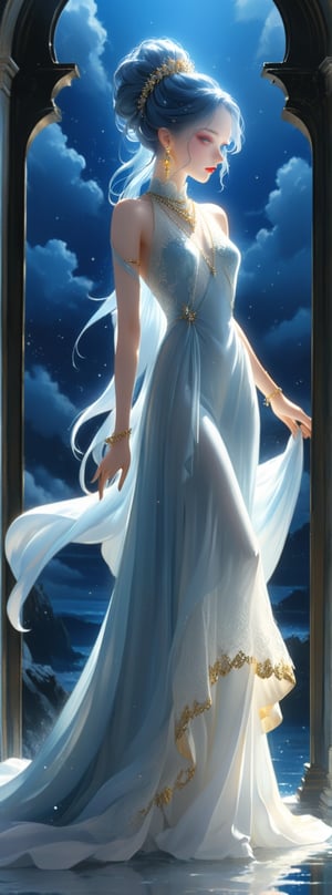 (pastel deep blue color theme:1.4),
(lace edges:1.4), (lace cloths:1.3),
Title: "Ethereal Elegance"

In a scene of ethereal elegance, a lone figure emerges, clad in a chic white tuxedo dress that exudes sophistication and grace. The dress, a modern twist on a classic design, features a double-breasted silhouette adorned with gleaming gold buttons that catch the light with every movement. Its plunging neckline adds a touch of allure, while the structured shoulders command attention with effortless poise.

Crafted from a luxurious satin blend, the fabric drapes elegantly, creating a subtle sheen that enhances the dress's allure. Paired with strappy gold heels that glimmer like sunlight on water and a matching clutch that echoes the dress's opulence, the ensemble is accented with statement earrings that sparkle like stars, a layered necklace that cascades like moonlight, and a delicate anklet that twinkles with every step.

The figure's hair is styled in a high ponytail, adding a touch of modernity to the ensemble, or in an elegant updo that evokes a sense of timeless beauty. The makeup is a work of art, featuring a bold red lip that speaks of confidence and power, complemented by soft, smoky eyes that hint at mystery and allure. Together, these elements create a look that is at once dramatic, sweet, and filled with a sense of pure happiness.

As the figure moves through a dreamlike setting, bathed in the soft glow of moonlight filtering through delicate clouds, the ensemble takes on a life of its own, transforming into a vision of otherworldly beauty. Each step is a dance, each gesture a brushstroke on the canvas of the night, creating a tableau of elegance and grace that transcends the boundaries of time and space.

Authored by kyo8sai, this magnificent creation stands as a testament to the artist's creative prowess and was brought to life on 2024-08-24.The painting is signed 'kyo8sai' on the edge.

In this moment of pure enchantment, the figure embodies the essence of ethereal elegance, a vision of beauty and sophistication that captivates all who behold her. The scene unfolds like a fairytale, a story of glamour and allure that speaks to the heart and soul, leaving a trail of magic and wonder in its wake.