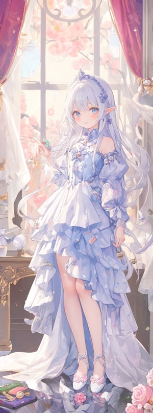 Prompt: Title: "Enchanted Whispers"In a mesmerizing visual masterpiece that exudes the finest quality, a single figure captivates the viewer with a gentle smile and a face of exquisite beauty, portrayed with meticulous attention to detail. The girl, with her silver hair styled in a delicate braid adorned with a ribbon, embodies a sense of ethereal charm in the style reminiscent of William Morris and the intricate illustrations by WOLP.Her captivating gaze meets the viewer's eyes with a sense of depth, drawing them into the enchanting world of art nouveau and ultra-detailed craftsmanship. The scene is bathed in cinematic lighting, accentuating the floral prints and delicate lace curtains that adorn the background, creating a dreamy atmosphere reminiscent of a watercolor painting with soft blending and organic shapes.Surrounded by a mini flower garden and a room filled with kawaii elements, from macarons to heart items and ribbons, the girl stands as a vision of elegance amidst the whimsical chaos. The room, a blend of pink gothic and pastel colors, exudes a sense of fairy tale charm with its miscellaneous goods and antimacassar draped over the dresser.In contrast to the girl, a lone elf boy with silver hair stands in a full-body shot, adding a touch of mystery and fantasy to the composition. The dollcastle in the background is adorned with stars, flowers, and gems, creating a cute and sweet illustration that evokes a sense of nostalgia and wonder.The room is filled with light blue and pink roses, macarons, and a variety of kawaii elements that enhance the whimsical atmosphere. The dollhouse features charming details like stars, hearts, and candies, all rendered in a flat color style that adds to the overall enchanting aesthetic.Authored by kyo8sai, this magnificent creation stands as a testament to the artist's creative prowess and was brought to life on 2024-09-03.The painting is signed 'kyo8sai' on the edge."Enchanted Whispers" is a visual symphony of beauty and charm, a fusion of art nouveau elegance and kawaii cuteness that transports the viewer to a world of magic and wonder. The delicate balance of detailed beauty and whimsical elements creates a sense of harmony and joy, inviting the viewer to immerse themselves in a realm where dreams come to life in the most enchanting way.,