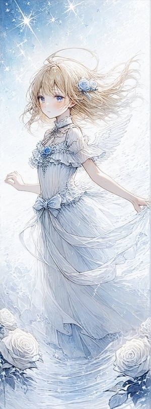 Title: "Stardust Serenade: A Heavenly Ballet"

In a realm where dreams take flight, a vision of ethereal beauty unfolds before the viewer's eyes like a delicate ballet in the heavens. A lone figure, adorned in a gown of celestial blue with accents of purest white, captures the essence of innocence and grace in a dance of starlight and roses.

The girl, with cascading locks of golden blonde hair that shimmer like threads of spun sunlight, wears a dainty blue bow in her hair that adds a touch of whimsy to her enchanting appearance. Her bangs frame a face of delicate features, with eyes that gaze directly at the viewer with a mix of curiosity and serenity, inviting them to join her in the celestial waltz.

Clad in a gown of azure hues, the girl's dress is adorned with intricate white ruffles on the shoulders and a pristine collar that accentuates her slender neck. The fabric drapes around her form in a cascade of elegance, hinting at a movement frozen in time, as if caught in the midst of a celestial dance under the moonlit sky. The dress is a symphony of frills and ribbons, a tribute to the beauty of innocence and purity.

Her wings, spread out behind her in a display of feathery splendor, shimmer with a pearlescent glow that mirrors the twinkling stars scattered across the deep blue background. Each feather seems to capture the light in a different way, creating a mesmerizing play of luminescence that adds to the otherworldly atmosphere of the scene. The wings symbolize her connection to the heavens, a celestial being caught in a moment of sublime beauty.

On either side of the image, white roses bloom in a silent ode to purity and grace, their petals a stark contrast to the deep blue backdrop that serves as a canvas for the celestial ballet unfolding before the viewer. The roses add a touch of earthly elegance to the ethereal scene, their presence a reminder of the beauty that exists in both the mortal and immortal realms.

As the girl stands with a posture of poise and elegance, her feet shod in delicate blue footwear that complements the hues of her dress, she embodies a sense of innocence and wonder that captivates the viewer's heart. Her expression, a mix of joy and tranquility, conveys a sense of inner peace and serenity that radiates from her like a beacon of light in the darkness.

Authored by kyo8sai, this magnificent creation stands as a testament to the artist's creative prowess and was brought to life on 2024-09-13.The painting is signed 'kyo8sai' on the edge.

"Stardust Serenade: A Heavenly Ballet" is a tribute to the beauty of innocence and grace, a testament to the ethereal allure of celestial beings. Through the artistry of the depiction, the viewer is invited to step into a world where beauty and purity reign supreme, where the dance of the heavens unfolds in a symphony of light and color.