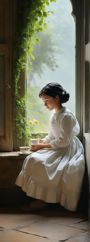 (LONDON location:1.4), 
1girl,(black hair:1.4),smile, A young girl sitting beside a window to enjoy her afternoon tea. outside is a beautiful velledge. Capturing a peaceful moment of contemplation and tranquility amidst the summer fine morning.maid dress,head dress,apron dress,white apron with tuck, Title: "Morning Serenade - A Maid's Tranquil Tea Time in the Village" In the realm of artistic brilliance, a captivating scene unfolds, capturing the essence of a young girl's peaceful afternoon tea by a window in a picturesque village. Bathed in the gentle glow of a fine summer morning, this artwork portrays a moment of contemplation and tranquility, where the young girl, dressed in a maid's attire, finds solace and serenity. At the center of the composition sits the young girl, her maid dress adorned with a head dress and an apron dress. Her white apron, delicately adorned with tucks, adds a touch of elegance to her ensemble. The maid dress symbolizes her role in serving and caring for others, while the head dress and apron dress accentuate her grace and dedication to her duties. With a serene expression upon her face, the young girl takes a moment to enjoy her tea. Her hands delicately hold the teacup, as she savors the fragrant brew, finding solace and comfort in its warmth. The soft morning light casts a gentle glow upon her, emphasizing the peacefulness of the scene. Outside the window, the viewer is treated to the beauty of the village. The vibrant colors of nature come alive, as flowers bloom their melodic serenade. The idyllic surroundings enhance the tranquility and contemplative atmosphere of the artwork, inviting the viewer to share in the young girl's moment of respite. As the viewer's gaze explores the artwork, they are enraptured by the intricate details that bring this scene to life. From the subtle folds in the young girl's maid dress to the meticulous design of her head dress and apron dress, every element contributes to the authenticity and charm of the composition. "Morning Serenade" captures the fleeting beauty of a summer fine morning, where a young girl in her maid attire embraces a moment of tranquility. It reminds us to appreciate the simple pleasures in life and find solace in the stillness of a peaceful tea time. Title: "Morning Serenade - A Maid's Tranquil Tea Time in the Village",watercolor \(medium\)

Title: "Ethereal Reverie"

In the midst of a world painted with the delicate hues of dawn, a solitary figure stands at the threshold of a mountain gate, her garment kissed by the morning dew, casting a lone shadow against the backdrop of mist and awakening peaks.

The mist unfurls, veiling the myriad peaks in a dance of dawn's arrival, as the sun's rays illuminate the subtle whispers of all living things.

Birds soar, piercing through the clouds as they embark on their journey, while wandering souls, chasing dreams, find solace in their return.

If one were to inquire about the innermost thoughts, only a prolonged sigh would be the response, a silent contemplation in the face of the morning's radiance.

This scene captures the essence of a transcendent reverie, where the convergence of light and shadow, mist and mountains, dreams and reality, creates a tapestry of beauty and introspection. The figure embodies a sense of longing and contemplation, a soul at one with the ethereal realm of nature's unfolding drama.

Authored by kyo8sai, this magnificent creation stands as a testament to the artist's creative prowess and was brought to life on 2024-08-26.The painting is signed 'kyo8sai' on the edge.

In this ethereal reverie, the delicate balance between darkness and light, solitude and connection, is explored with a poetic grace that invites the viewer to ponder the mysteries of the heart and the soul. The artwork stands as a testament to the eternal dance of existence, where the beauty of the natural world intertwines with the depths of human emotion, weaving a narrative of introspection and wonder that transcends time and space. 
