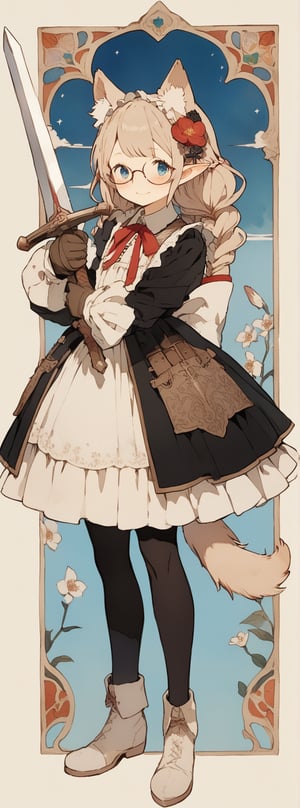 rainbow color cloths,
art nouveau style(The Law of Symmetry,golden ratio (approx. 1.6180339887)), 
knight, 1girl, weapon, solo, blue eyes, sword, tail, braid, long black bind hair, lolita maid long dress, head dress, brown Gloves,holding, hair ornament, huge weapon, hair flower, full body, frills, holding weapon, smile, flower, boots, standing, holding sword, looking at viewer, cat tail, white footwear, frilled lace dress, elf ears, detailed background, ribbon, twin braids, pantyhose, long sleeves, closed mouth, blush, many flowers garden background, paul blue dress, round glasses,
ultra detailed stitch and print layered lace (see-through:0.6) frills,

a volumey pannier under a long petticoat,

masterpiece, best quality, aesthetic, illustration, 8k, 16k,detailed cloth texture, detailed hair texture,100-layer,sharp,intricate,