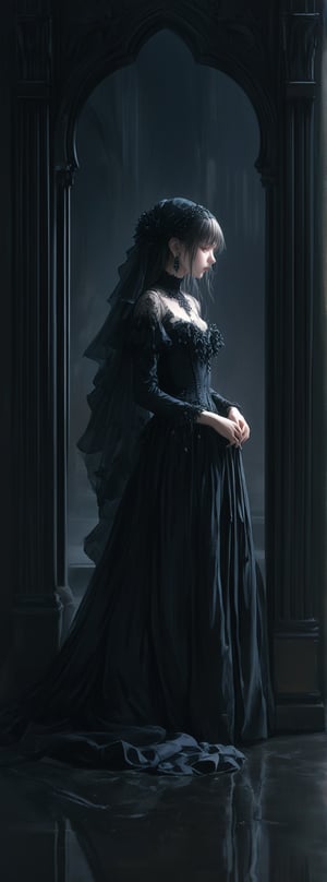 Title: "Elegy in Ebony"

In the haunting portrayal titled "Elegy in Ebony," a lone figure embodies a fusion of elegance and darkness, draped in a gothic funeral dress that exudes a sense of mournful grandeur and captivating allure. The girl, cloaked in shadows, stands as a solemn tribute to the beauty found in the depths of sorrow.

The Gothic Elegance Funeral Dress envelops her form in a veil of mystery and sophistication, featuring a long, floor-length black velvet gown that cascades in a graceful silhouette, skimming the ground with a whisper of melancholy. The high neckline and full-length sleeves evoke a sense of regal poise, while intricate lace detailing adorns the sleeves and neckline, adding a touch of intricate beauty to the somber ensemble.

With a form-fitting design that hugs her curves with a sense of reverence, the dress exudes a sense of dark allure that captivates the eye. The slight A-line shape of the skirt allows for a graceful movement that hints at a hidden grace beneath the sorrowful facade, adding a touch of ethereal elegance to the girl's mournful presence.

The back of the dress reveals a lace-up corset design, a symbol of both style and a personalized fit that speaks to the girl's individuality and strength. Complemented by accessories such as a black lace veil that shrouds her features in a veil of secrecy, dark pearl earrings that gleam like tears in the night, and a vintage-style black clutch that holds her secrets close to her heart, the ensemble is complete with black heeled boots that echo the solemnity of her steps and a dark, matte lipstick that adds a touch of dramatic flair to her refined appearance.

Authored by kyo8sai, this magnificent creation stands as a testament to the artist's creative prowess and was brought to life on 2024-08-21.The painting is signed 'kyo8sai' on the edge.

"Elegy in Ebony" captures a moment of profound beauty and sorrow, inviting the viewer to contemplate the delicate balance between light and darkness, joy and grief. The girl's presence, veiled in shadows and draped in mourning attire, evokes a sense of quiet reverence and contemplation, drawing the observer into a world where beauty and tragedy intertwine in a haunting dance of elegance and emotion.