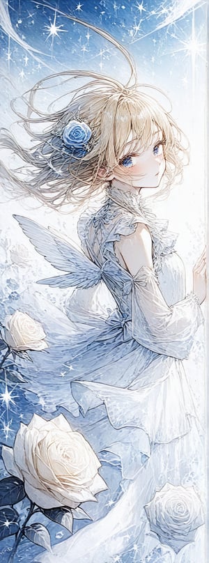 Title: "Stardust Serenade: A Heavenly Ballet"

In a realm where dreams take flight, a vision of ethereal beauty unfolds before the viewer's eyes like a delicate ballet in the heavens. A lone figure, adorned in a gown of celestial blue with accents of purest white, captures the essence of innocence and grace in a dance of starlight and roses.

The girl, with cascading locks of golden blonde hair that shimmer like threads of spun sunlight, wears a dainty blue bow in her hair that adds a touch of whimsy to her enchanting appearance. Her bangs frame a face of delicate features, with eyes that gaze directly at the viewer with a mix of curiosity and serenity, inviting them to join her in the celestial waltz.

Clad in a gown of azure hues, the girl's dress is adorned with intricate white ruffles on the shoulders and a pristine collar that accentuates her slender neck. The fabric drapes around her form in a cascade of elegance, hinting at a movement frozen in time, as if caught in the midst of a celestial dance under the moonlit sky. The dress is a symphony of frills and ribbons, a tribute to the beauty of innocence and purity.

Her wings, spread out behind her in a display of feathery splendor, shimmer with a pearlescent glow that mirrors the twinkling stars scattered across the deep blue background. Each feather seems to capture the light in a different way, creating a mesmerizing play of luminescence that adds to the otherworldly atmosphere of the scene. The wings symbolize her connection to the heavens, a celestial being caught in a moment of sublime beauty.

On either side of the image, white roses bloom in a silent ode to purity and grace, their petals a stark contrast to the deep blue backdrop that serves as a canvas for the celestial ballet unfolding before the viewer. The roses add a touch of earthly elegance to the ethereal scene, their presence a reminder of the beauty that exists in both the mortal and immortal realms.

As the girl stands with a posture of poise and elegance, her feet shod in delicate blue footwear that complements the hues of her dress, she embodies a sense of innocence and wonder that captivates the viewer's heart. Her expression, a mix of joy and tranquility, conveys a sense of inner peace and serenity that radiates from her like a beacon of light in the darkness.

Authored by kyo8sai, this magnificent creation stands as a testament to the artist's creative prowess and was brought to life on 2024-09-13.The painting is signed 'kyo8sai' on the edge.

"Stardust Serenade: A Heavenly Ballet" is a tribute to the beauty of innocence and grace, a testament to the ethereal allure of celestial beings. Through the artistry of the depiction, the viewer is invited to step into a world where beauty and purity reign supreme, where the dance of the heavens unfolds in a symphony of light and color.