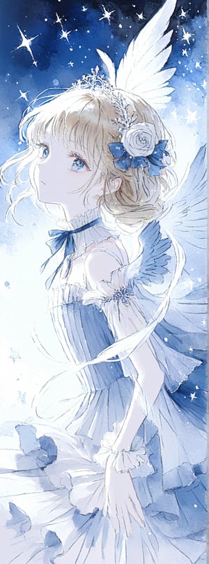 Title: "Stardust Serenade: A Heavenly Ballet"

In a realm where dreams take flight, a vision of ethereal beauty unfolds before the viewer's eyes like a delicate ballet in the heavens. A lone figure, adorned in a gown of celestial blue with accents of purest white, captures the essence of innocence and grace in a dance of starlight and roses.

The girl, with cascading locks of golden blonde hair that shimmer like threads of spun sunlight, wears a dainty blue bow in her hair that adds a touch of whimsy to her enchanting appearance. Her bangs frame a face of delicate features, with eyes that gaze directly at the viewer with a mix of curiosity and serenity, inviting them to join her in the celestial waltz.

Clad in a gown of azure hues, the girl's dress is adorned with intricate white ruffles on the shoulders and a pristine collar that accentuates her slender neck. The fabric drapes around her form in a cascade of elegance, hinting at a movement frozen in time, as if caught in the midst of a celestial dance under the moonlit sky. The dress is a symphony of frills and ribbons, a tribute to the beauty of innocence and purity.

Her wings, spread out behind her in a display of feathery splendor, shimmer with a pearlescent glow that mirrors the twinkling stars scattered across the deep blue background. Each feather seems to capture the light in a different way, creating a mesmerizing play of luminescence that adds to the otherworldly atmosphere of the scene. The wings symbolize her connection to the heavens, a celestial being caught in a moment of sublime beauty.

On either side of the image, white roses bloom in a silent ode to purity and grace, their petals a stark contrast to the deep blue backdrop that serves as a canvas for the celestial ballet unfolding before the viewer. The roses add a touch of earthly elegance to the ethereal scene, their presence a reminder of the beauty that exists in both the mortal and immortal realms.

As the girl stands with a posture of poise and elegance, her feet shod in delicate blue footwear that complements the hues of her dress, she embodies a sense of innocence and wonder that captivates the viewer's heart. Her expression, a mix of joy and tranquility, conveys a sense of inner peace and serenity that radiates from her like a beacon of light in the darkness.

Authored by kyo8sai, this magnificent creation stands as a testament to the artist's creative prowess and was brought to life on 2024-09-13.The painting is signed 'kyo8sai' on the edge.

"Stardust Serenade: A Heavenly Ballet" is a tribute to the beauty of innocence and grace, a testament to the ethereal allure of celestial beings. Through the artistry of the depiction, the viewer is invited to step into a world where beauty and purity reign supreme, where the dance of the heavens unfolds in a symphony of light and color.