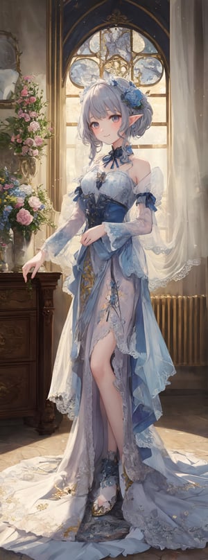 Prompt: Title: "Enchanted Whispers"In a mesmerizing visual masterpiece that exudes the finest quality, a single figure captivates the viewer with a gentle smile and a face of exquisite beauty, portrayed with meticulous attention to detail. The girl, with her silver hair styled in a delicate braid adorned with a ribbon, embodies a sense of ethereal charm in the style reminiscent of William Morris and the intricate illustrations by WOLP.Her captivating gaze meets the viewer's eyes with a sense of depth, drawing them into the enchanting world of art nouveau and ultra-detailed craftsmanship. The scene is bathed in cinematic lighting, accentuating the floral prints and delicate lace curtains that adorn the background, creating a dreamy atmosphere reminiscent of a watercolor painting with soft blending and organic shapes.Surrounded by a mini flower garden and a room filled with kawaii elements, from macarons to heart items and ribbons, the girl stands as a vision of elegance amidst the whimsical chaos. The room, a blend of pink gothic and pastel colors, exudes a sense of fairy tale charm with its miscellaneous goods and antimacassar draped over the dresser.In contrast to the girl, a lone elf boy with silver hair stands in a full-body shot, adding a touch of mystery and fantasy to the composition. The dollcastle in the background is adorned with stars, flowers, and gems, creating a cute and sweet illustration that evokes a sense of nostalgia and wonder.The room is filled with light blue and pink roses, macarons, and a variety of kawaii elements that enhance the whimsical atmosphere. The dollhouse features charming details like stars, hearts, and candies, all rendered in a flat color style that adds to the overall enchanting aesthetic.Authored by kyo8sai, this magnificent creation stands as a testament to the artist's creative prowess and was brought to life on 2024-09-03.The painting is signed 'kyo8sai' on the edge."Enchanted Whispers" is a visual symphony of beauty and charm, a fusion of art nouveau elegance and kawaii cuteness that transports the viewer to a world of magic and wonder. The delicate balance of detailed beauty and whimsical elements creates a sense of harmony and joy, inviting the viewer to immerse themselves in a realm where dreams come to life in the most enchanting way.,