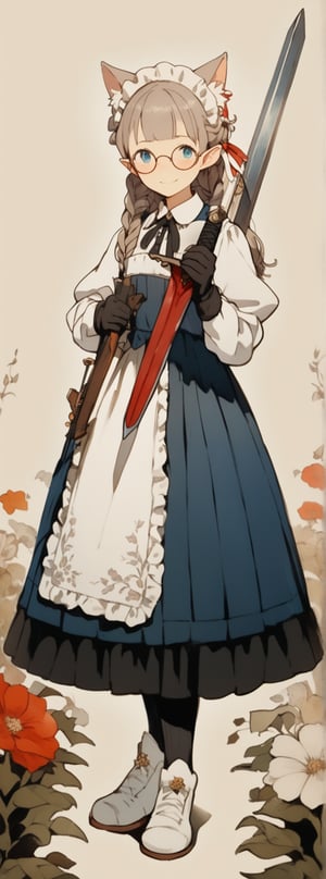 rainbow color cloths,
art nouveau style(The Law of Symmetry,golden ratio (approx. 1.6180339887)), 
knight, 1girl, weapon, solo, blue eyes, sword, tail, braid, long black bind hair, lolita maid long dress, head dress, brown Gloves,holding, hair ornament, huge weapon, hair flower, full body, frills, holding weapon, smile, flower, boots, standing, holding sword, looking at viewer, cat tail, white footwear, frilled lace dress, elf ears, detailed background, ribbon, twin braids, pantyhose, long sleeves, closed mouth, blush, many flowers garden background, paul blue dress, round glasses,
ultra detailed stitch and print layered lace (see-through:0.6) frills,

a volumey pannier under a long petticoat,

masterpiece, best quality, aesthetic, illustration, 8k, 16k,detailed cloth texture, detailed hair texture,100-layer,sharp,intricate,