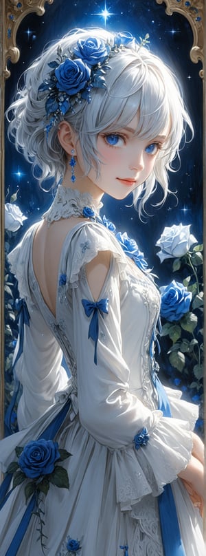 Title: "Whispers of the Blue Rose"

Subheading: "A Symphony of Elegance and Serenity"

In a realm where beauty knows no bounds, a vision of ethereal grace comes to life in the form of a girl with cascading white hair and piercing blue eyes. Her short hair, elegantly styled with soft bangs framing her face, accentuates the delicate features that captivate all who behold her. Adorned with a captivating hair ornament, she exudes an aura of otherworldly charm that draws the viewer into her enchanting gaze.

Draped in a pristine white dress that billows around her like a cloud, the girl stands as a vision of purity and innocence. A dainty blue bow adorns her head, a subtle accent that adds a touch of color to the ethereal ensemble. The dress itself is a canvas of exquisite detail, embellished with a mesmerizing array of blue and white flowers that seem to dance and bloom in harmony with her every movement.

As she gazes directly at the viewer, her eyes, a deep cerulean blue, shimmer with a sense of wisdom and mystery that belies her youthful appearance. The background, a serene expanse of white, serves as a canvas for the girl's presence, allowing her to shine like a radiant star against the backdrop of purity and light.

Her attire is completed by a pair of elegant boots, adorned with intricate frills and delicate details that speak to a sense of refinement and sophistication. A delicate hair flower, matching the blooms on her dress, adds a touch of whimsy to her ensemble, infusing it with a sense of freshness and vitality.

The sleeves of her dress extend past her wrists, adding a touch of drama to her silhouette as they flutter gently in an unseen breeze. Each detail, from the cross-laced footwear to the subtle embroidery on her dress, is a testament to the artistry and craftsmanship that went into creating this exquisite vision of beauty.

Amidst the delicate folds of her dress, a white rose blooms, its petals a symbol of purity and grace that mirrors the girl's own essence. Beside it, a blue rose unfurls, its petals a vibrant contrast to the soft hues that surround it. Together, they represent a harmony of opposites, a balance of light and dark, purity and passion, intertwined in a delicate dance of beauty and grace.

Authored by kyo8sai, this magnificent creation stands as a testament to the artist's creative prowess and was brought to life on 2024-10-08.The painting is signed 'kyo8sai' on the edge.
(Framed within an ornate, lacquerwork box adorned with intricate floral patterns she seem to be one with the artistry:1.1), 
gentle smile, modest joy, hint of a smile, soft smile,


"Whispers of the Blue Rose" is a testament to the power of elegance and serenity, a visual symphony that celebrates the timeless allure of beauty in all its forms. In the girl's gaze, one finds a reflection of the mysteries of the universe, a glimpse into a world where innocence and wisdom coexist in perfect harmony, creating a vision of ethereal grace that captivates the soul and stirs the imagination.

1girl, solo, looking at viewer, short hair, bangs, blue eyes, hair ornament, long sleeves, white background, dress, bow, ribbon, full body, flower, white hair, hair bow, boots, frills, hair flower, white dress, sleeves past wrists, rose, frilled dress, cross-laced footwear, blue flower, blue footwear, blue rose, white rose An animated image of a girl with long blonde hair and blue eyes. She is wearing a white dress with a blue bow on her head. The dress is adorned with blue and white flowers. The girl is standing in front of a blue circle with stars on it. The background is white.