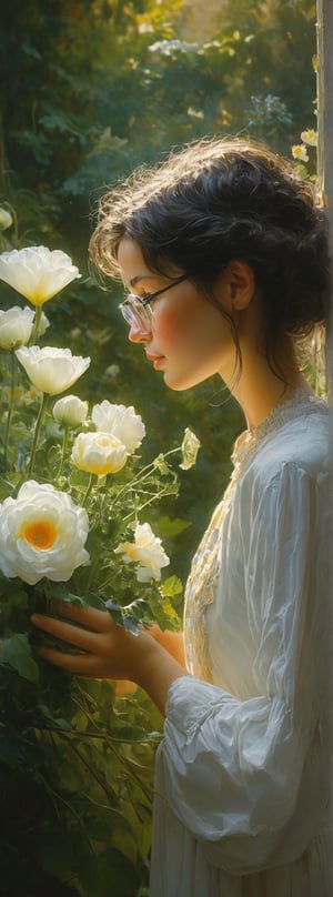 Title: "Petals of Serenity" In the enchanting embrace of the evening light, a 25-year-old woman stands before a picturesque flower shop, a vision of ethereal beauty and grace. Her short, black hair frames her face in delicate waves, accentuating the contours of her features with a touch of mystery. Clad in a flowing white dress that whispers of elegance, she exudes a sense of timeless charm and sophistication. With an aura of adorable innocence that belies her age, the woman gazes serenely at the small potted flower she cradles in her hands. The subtle curve of her glasses adds a hint of intellectual allure to her appearance, while her white socks and sneakers ground her in a sense of playful whimsy. Every detail, from the anatomically correct hands that tenderly hold the flower to the detailed eyes that reflect the world's beauty, is rendered with exquisite precision. The watercolor painting captures the scene with unparalleled clarity and depth, each brushstroke imbued with a sense of wonder and magic. The background, a canvas of intricate details and vibrant colors, transports the viewer to a realm where the ordinary becomes extraordinary. The flower shop itself is a tapestry of blooms and greenery, a sanctuary of nature's beauty that beckons with its fragrant allure. As the woman stands in this cinematic setting, a sense of peace and contentment radiates from her being, enveloping the scene in an aura of tranquility. The evening light bathes everything in a soft, golden glow, casting a spell of enchantment over the surroundings. Authored by kyo8sai, this magnificent creation stands as a testament to the artist's creative prowess and was brought to life on 2024-08-27.The painting is signed 'kyo8sai' on the edge. "Petal of Serenity" invites viewers to immerse themselves in a world where beauty and grace converge, where the simple act of holding a flower becomes a testament to the profound connection between humanity and nature. It is a tribute to the harmonious balance found in moments of quiet contemplation and the timeless allure of the natural world. (OIL Painting:1.4),
