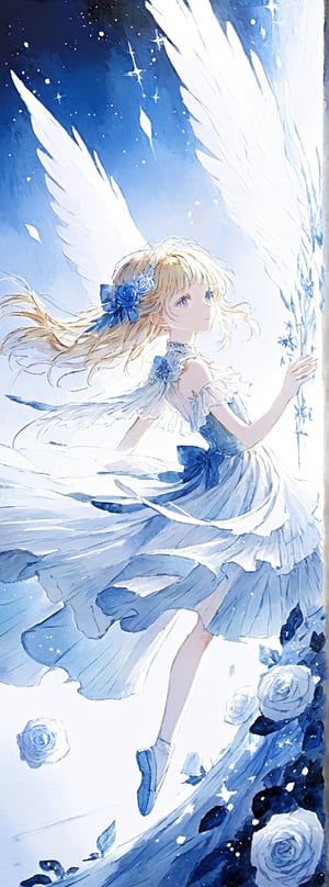 Title: "Stardust Serenade: A Heavenly Ballet"

In a realm where dreams take flight, a vision of ethereal beauty unfolds before the viewer's eyes like a delicate ballet in the heavens. A lone figure, adorned in a gown of celestial blue with accents of purest white, captures the essence of innocence and grace in a dance of starlight and roses.

The girl, with cascading locks of golden blonde hair that shimmer like threads of spun sunlight, wears a dainty blue bow in her hair that adds a touch of whimsy to her enchanting appearance. Her bangs frame a face of delicate features, with eyes that gaze directly at the viewer with a mix of curiosity and serenity, inviting them to join her in the celestial waltz.

Clad in a gown of azure hues, the girl's dress is adorned with intricate white ruffles on the shoulders and a pristine collar that accentuates her slender neck. The fabric drapes around her form in a cascade of elegance, hinting at a movement frozen in time, as if caught in the midst of a celestial dance under the moonlit sky. The dress is a symphony of frills and ribbons, a tribute to the beauty of innocence and purity.

Her wings, spread out behind her in a display of feathery splendor, shimmer with a pearlescent glow that mirrors the twinkling stars scattered across the deep blue background. Each feather seems to capture the light in a different way, creating a mesmerizing play of luminescence that adds to the otherworldly atmosphere of the scene. The wings symbolize her connection to the heavens, a celestial being caught in a moment of sublime beauty.

On either side of the image, white roses bloom in a silent ode to purity and grace, their petals a stark contrast to the deep blue backdrop that serves as a canvas for the celestial ballet unfolding before the viewer. The roses add a touch of earthly elegance to the ethereal scene, their presence a reminder of the beauty that exists in both the mortal and immortal realms.

As the girl stands with a posture of poise and elegance, her feet shod in delicate blue footwear that complements the hues of her dress, she embodies a sense of innocence and wonder that captivates the viewer's heart. Her expression, a mix of joy and tranquility, conveys a sense of inner peace and serenity that radiates from her like a beacon of light in the darkness.

Authored by kyo8sai, this magnificent creation stands as a testament to the artist's creative prowess and was brought to life on 2024-09-13.The painting is signed 'kyo8sai' on the edge.

"Stardust Serenade: A Heavenly Ballet" is a tribute to the beauty of innocence and grace, a testament to the ethereal allure of celestial beings. Through the artistry of the depiction, the viewer is invited to step into a world where beauty and purity reign supreme, where the dance of the heavens unfolds in a symphony of light and color.