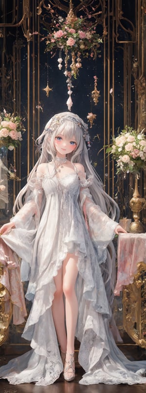 Prompt: Title: "Enchanted Whispers"In a mesmerizing visual masterpiece that exudes the finest quality, a single figure captivates the viewer with a gentle smile and a face of exquisite beauty, portrayed with meticulous attention to detail. The girl, with her silver hair styled in a delicate braid adorned with a ribbon, embodies a sense of ethereal charm in the style reminiscent of William Morris and the intricate illustrations by WOLP.Her captivating gaze meets the viewer's eyes with a sense of depth, drawing them into the enchanting world of art nouveau and ultra-detailed craftsmanship. The scene is bathed in cinematic lighting, accentuating the floral prints and delicate lace curtains that adorn the background, creating a dreamy atmosphere reminiscent of a watercolor painting with soft blending and organic shapes.Surrounded by a mini flower garden and a room filled with kawaii elements, from macarons to heart items and ribbons, the girl stands as a vision of elegance amidst the whimsical chaos. The room, a blend of pink gothic and pastel colors, exudes a sense of fairy tale charm with its miscellaneous goods and antimacassar draped over the dresser.In contrast to the girl, a lone elf boy with silver hair stands in a full-body shot, adding a touch of mystery and fantasy to the composition. The dollcastle in the background is adorned with stars, flowers, and gems, creating a cute and sweet illustration that evokes a sense of nostalgia and wonder.The room is filled with light blue and pink roses, macarons, and a variety of kawaii elements that enhance the whimsical atmosphere. The dollhouse features charming details like stars, hearts, and candies, all rendered in a flat color style that adds to the overall enchanting aesthetic.Authored by kyo8sai, this magnificent creation stands as a testament to the artist's creative prowess and was brought to life on 2024-09-03.The painting is signed 'kyo8sai' on the edge."Enchanted Whispers" is a visual symphony of beauty and charm, a fusion of art nouveau elegance and kawaii cuteness that transports the viewer to a world of magic and wonder. The delicate balance of detailed beauty and whimsical elements creates a sense of harmony and joy, inviting the viewer to immerse themselves in a realm where dreams come to life in the most enchanting way.,