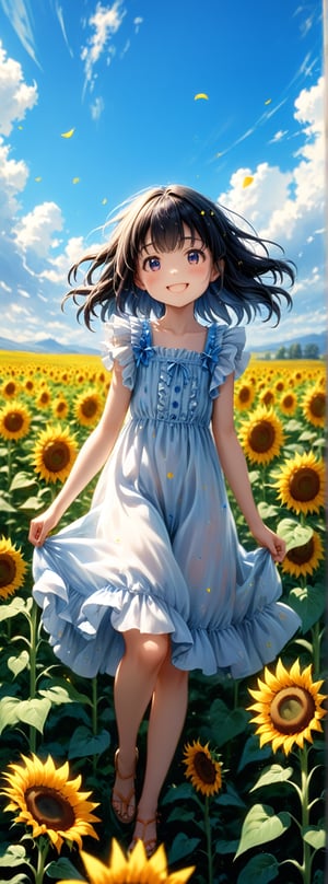 **Title: "Summer Bliss"** --- In this vibrant and joyful scene, a young girl stands amidst a sunflower field, capturing the essence of happiness and youth. Her attire, expression, and the beautiful summer backdrop combine to create a moment of pure bliss. **Central Character:** - **The Girl:** A cheerful young Japanese girl exuding happiness and innocence. Her expression is one of pure joy, featuring a beautiful smile that lights up her face. - **Attire:** She is wearing a ruffled dress adorned with delicate bows. The dress is light and airy, perfect for a summer day, and it moves gracefully with her every step. The ruffles and bows add a touch of playfulness and charm to her outfit. **Setting:** - **Summer Atmosphere:** The scene is set on a bright summer day, with the sky painted in shades of blue and white. The sun casts a warm, golden light, enhancing the vibrant colors of the surroundings. - **Cumulonimbus Clouds:** Majestic cumulus clouds tower in the distance, their fluffy shapes adding depth and drama to the sky. These clouds are a hallmark of summer, creating a picturesque backdrop. - **Beautiful Location:** The location is a breathtakingly beautiful sunflower field. The sunflowers are in full bloom, their vibrant yellow petals creating a lively and enchanting environment. - **Flowers:** The sunflowers are in full bloom, their petals unfurling in a riot of colors. They add a touch of natural beauty and vibrancy to the scene, making it come alive with the essence of summer. **Art Style and Medium:** - **Digital Painting:** The artwork is a digital painting, allowing for high precision and vibrant color rendering. The use of digital techniques ensures that every detail, from the ruffles of the dress to the petals of the flowers, is captured with clarity. - **Smooth and Sharp Focus:** The painting features smooth transitions and sharp focus, highlighting the girl and the intricate details of her dress and the surrounding sunflowers. The clarity of the digital medium enhances the overall impact of the scene. **Artistic Quality:** - **Masterpiece Quality:** This painting is crafted with exceptional skill and attention to detail. Every element, from the girl’s joyful expression to the texture of the clouds, is rendered with care and precision. - **Ultra-Detailed:** The artwork is rich in detail, ensuring that every aspect of the scene is brought to life. The delicate ruffles of the dress, the intricate bows, the texture of the flowers, and the majestic clouds are all depicted with meticulous attention. - **Full HD Render:** The painting is rendered in Full HD, ensuring that every nuance is visible. The high-definition quality adds depth and realism to the scene, making it immersive and captivating. **Overall Vibe:** - **Joyful and Lively:** The overall vibe is one of joy and liveliness. The girl’s happy smile, the vibrant summer setting, and the beautiful sunflowers create a scene that is filled with positive energy and warmth. - **Youthful and Playful:** The combination of the ruffled dress with bows and the girl’s radiant smile adds a touch of youthful playfulness. The scene captures the carefree spirit of childhood and the simple joys of summer. Authored by kyo8sai, this magnificent creation stands as a testament to the artist's creative prowess and was brought to life on 2024-08-02.The painting is signed 'kyo8sai' on the edge. In "Summer Bliss," the artist has created a heartwarming and visually stunning scene that celebrates the beauty of youth and the joy of summer. This digital painting is a testament to the power of art to capture and convey moments of pure happiness and natural beauty.