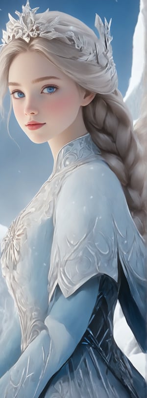 Title: "Frostborne Elegance"

Atop a majestic snow-capped hill, the tranquil setting provides a breathtaking backdrop for a captivating scene. A stunning girl, exuding an aura of ethereal beauty, stands with grace and poise. As she lifts the enchanted ring, a transformation begins to unfold before the viewer's eyes, each detail adding to the mesmerizing intensity of the moment.

Her delicate eyebrows arch higher, framing her face with a sense of determination and mystique. The curve of her rosy lips transforms into a fierce grin, hinting at a strength that lies within. Her piercing blue eyes, once serene, now gleam with icy ferocity, reflecting a power that is both captivating and formidable.

As the girl's body begins to shimmer, a cascade of crystalline scales emerges, catching the light in hues of cerulean and amethyst. Each scale seems to dance with its own inner glow, creating a mesmerizing play of colors that accentuates her transformation into an ice magic warrior. The intricate patterns of the scales add a layer of complexity to her appearance, hinting at a deeper connection to the elements she commands.

In her stance, there is a sense of both elegance and strength, a blend of grace and power that defines her as a formidable presence in this frozen realm. The frost-kissed air seems to swirl around her, carrying with it whispers of ancient magic and untold secrets, further enhancing the mystique of the scene.

As she stands atop the hill, bathed in the soft glow of the winter sunlight, the girl embodies a sense of otherworldly beauty and resilience. Her transformation into an ice magic warrior is a testament to her inner strength and determination, a visual symphony of drama and enchantment that captures the essence of a moment frozen in time.

Authored by kyo8sai, this magnificent creation stands as a testament to the artist's creative prowess and was brought to life on 2024-08-22.The painting is signed 'kyo8sai' on the edge.

"Frostborne Elegance" is a visual masterpiece that invites the viewer to immerse themselves in a world of beauty and magic, where the line between reality and fantasy blurs in the shimmering light of winter.