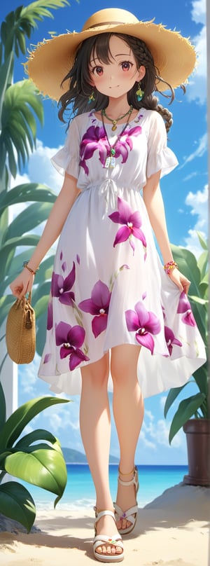 //Character
1girl,
BREAK
//Fashions 
Casual Orchid-Print Summer Dress
For a more casual look, this summer dress features a vibrant orchid print on a lightweight, breathable fabric, The dress has a relaxed, A-line silhouette with a knee-length hem, making it perfect for warm weather, The neckline is a flattering V-shape, and the short sleeves are slightly puffed for a touch of playfulness, 
BREAK
The dress can be cinched at the waist with a removable tie belt for added shape, Pair this outfit with white canvas sneakers or flat sandals, a straw hat, and a crossbody bag, Accessories can include orchid-themed jewelry, such as a pendant necklace or floral bracelet, Hair can be worn in a loose braid or a messy bun for a laid-back, effortless look,
BREAK
