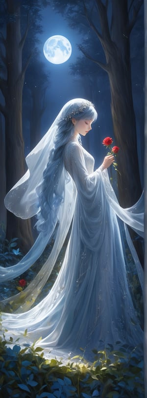 Title: "Whispers of the Moonlit Grove"
Subtitle: A Dance of Elegance and Enchantment

In the realm of dramatic storytelling through art, a scene unfolds with ethereal beauty and whimsical grace. A figure, adorned in a stunning embroidered wedding gown that flows like a gentle breeze, stands amidst a fantasy forest bathed in the soft glow of moonlight. Her hair, a cascade of silk, moves with a delicate sway in the whispering wind, adding a touch of enchantment to the surreal setting.

In her hand, she holds a single rose, its petals a vibrant crimson against the backdrop of the moonlit grove. The rose, a symbol of love and passion, radiates a sense of fragility and beauty, mirroring the delicate nature of the scene unfolding around her. Each petal seems to capture a fragment of the moon's luminous glow, casting a spell of wonder and mystery over the entire composition.

The forest background, shrouded in a veil of moonlight, is a tapestry of shadows and light, a dance of contrasts that adds depth and dimension to the scene. The ink splatter effect, like a stroke of artistic genius, creates a sense of magic and intrigue, with ink droplets swirling and coalescing to form delicate flower petals that seem to bloom before the viewer's eyes.

As the figure stands in the moonlit grove, surrounded by the ephemeral beauty of nature's embrace, a sense of peace and serenity washes over the scene. The interplay of light and shadow, of movement and stillness, creates a harmonious balance that speaks to the soul and stirs the imagination.

"Whispers of the Moonlit Grove" is a visual symphony of elegance and enchantment, a testament to the power of art to transport us to realms of beauty and wonder. Through its intricate details and dreamlike ambiance, it weaves a tale of love and magic, inviting the viewer to step into a world where dreams and reality mingle in a dance of light and shadow. In this enchanting masterpiece, the figure in the embroidered wedding gown stands as a beacon of grace and beauty, her presence a reminder of the transcendent power of art to touch the heart and inspire the spirit.