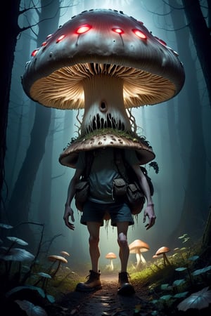 Horror picture of a giant mushroom taking human form. The mushroom is growing legs and strange eyes appears on its hat. Dark picture with strange lights.