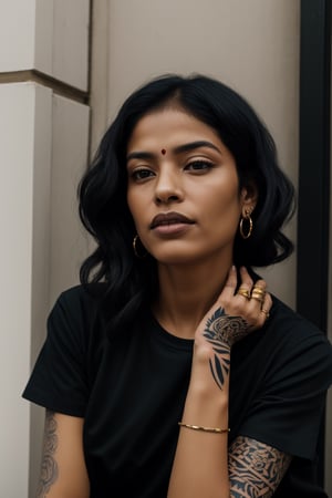 a woman indian in black shirt with her arms folded against , in the style of tattoo, normcore, dark silver and dark gold, happycore, focus on joints/connections, effortlessly chic, palewave --ar 9:16 --stylize 750 --v 6