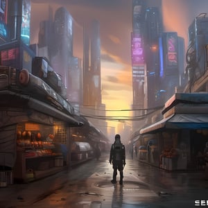 Cyberpunk city, street vendors, citizens, augmented cyborgs, robots, skyscapers, buildings, detailled person in font, clouds, sunset, painted by seb mckinnon, street-level, high detail, digital art, trending on artstation