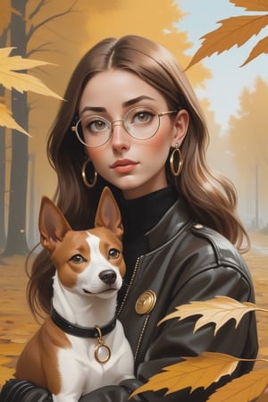 woman with a dog basenji  BROWN WITHOUT , thin face, brown-colored eyes, brown hair, white skin, has small ring earrings in both ears, mole on the face, black lager jacket, eye_brows, circular optical glasses gold , longhair, undetailed face, asymetrical eyes
,dfdd,(Leaf),Magical Fantasy style,vaporwave style,painting by jakub rozalski