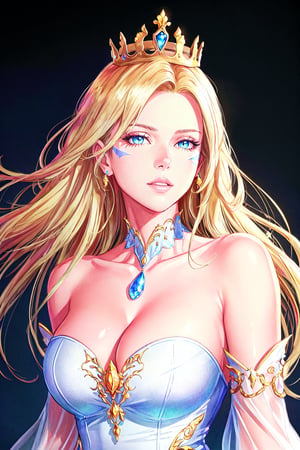 very detailed background,
crown , detached sleeves , royal clothes,
perfect face, Showstopper Nordic Long Haircut, blonde hair, blue eyes , parted lips , lips, slit pupils, (detailed eyes), beautiful detailed eyes,
1girl, (solo, solo focus), upper body,
cleavage, bare shoulders, big breasts, collarbone, perfect anatomy, lustrous skin,
looking at viewer,
sidelighting, epic, illustration, render, volumetric lighting, welcoming, see-through gossamer, 
depth_of_field, extreme light and shadow, (beautiful), perfect lighting, 
(extremely detailed illustrated 8k wallpaper), (best shadow), (fantasy:1.4), 
(masterpiece, best quality, ultra-detailed, highres, best illustration, realistic, skindentation, specular highlights), 
(shine), ray tracing, (bloom), vivid colors,
whisker markings,