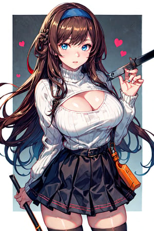 high_res, 1girl, female_solo, (tall girl:1.2), brown hair, very long hair, big_breasts, bege open chest sweater, plaid_skirt, short skirt, skindentation, black_kneehighs, garterbelt, (holding a crowbar:1.4), blue eyes, school background, hairband, hydr0mancer,