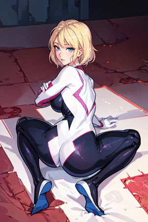 1girl, solo,gwen stacy, spider web print, spider gwen, perfect butt, big butt perfect breasts, blue eyes, (big breasts:0.6), body suit, superhero , blonde hair, laying down, takeda hiromitsu style