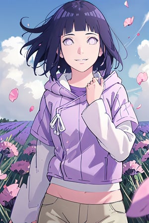 masterpiece, absurdres, hinata\(boruto\), 1girl, solo,mature female, purple hoodie,layered sleeves, brown pants,  outdoors,lavender flower field, wind, floating hair,hand on own chest, short hair, looking at viewer, smile, (falling petals), cloudy sky,  ,hinata\(boruto\),takeda hiromitsu style