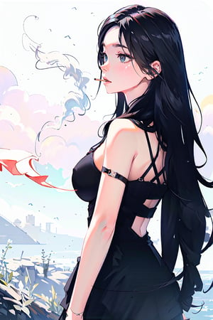 (1girl:1.2, (masterpiece:1.4, best quality), medium breasts, unity 8k wallpaper, ultra detailed, (pastel colors:1.3), alluring pose, upper body, ass, beautiful and aesthetic, see-through (clothes), detailed, solo ,grey-smoke, black fog, Long hair, black hair, silver eyes,so-hyun.lvl2