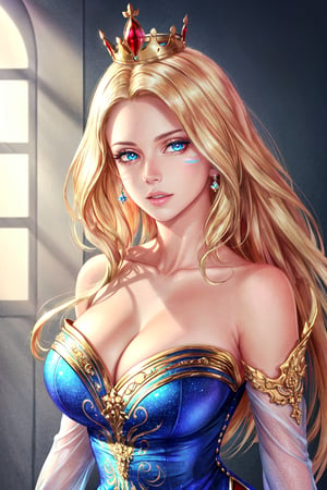 very detailed background,
crown , detached sleeves , royal clothes,
perfect face, Showstopper Nordic Long Haircut, blonde hair, blue eyes , parted lips , lips, slit pupils, (detailed eyes), beautiful detailed eyes,
1girl, (solo, solo focus), upper body,
cleavage, bare shoulders, big breasts, collarbone, perfect anatomy, lustrous skin,
looking at viewer,
sidelighting, epic, illustration, render, volumetric lighting, welcoming, see-through gossamer, 
depth_of_field, extreme light and shadow, (beautiful), perfect lighting, 
(extremely detailed illustrated 8k wallpaper), (best shadow), (fantasy:1.4), 
(masterpiece, best quality, ultra-detailed, highres, best illustration, realistic, skindentation, specular highlights), 
(shine), ray tracing, (bloom), vivid colors,
whisker markings,