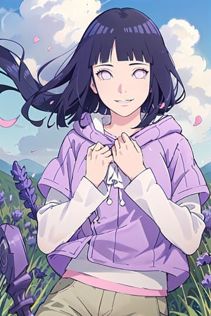masterpiece, absurdres, hinata\(boruto\), 1girl, solo,mature female, purple hoodie,layered sleeves, brown pants,  outdoors,lavender flower field, wind, floating hair,hand on own chest,  looking at viewer, smile, (falling petals), cloudy sky,  ,hinata\(boruto\),takeda hiromitsu style