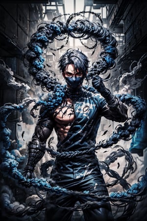 1man, grey smoke, black color clothes, perfecteyes,blue-smoke, full ninja suit with mask,