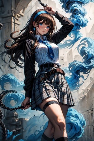 high_res, 1girl, female_solo, (tall girl:1.2), brown hair, very long hair, medium_breasts, school_girl uniform, white_shirt, plaid_skirt, short skirt, skindentation, black_kneehighs, garterbelt, (holding a whip:1.4), blue eyes, school background, crown hairband,hydr0mancer,blue-smoke