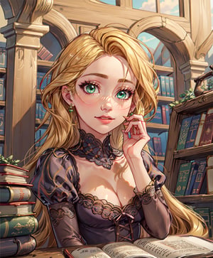 Masterpiece, best quality, sharp focus, skin dentation, Rapunzel, long blonde hair, emerald eyes, princess dress, ultra-detailed art illustration, sagging chest, library interior, detailed beautiful face, perfect eyes