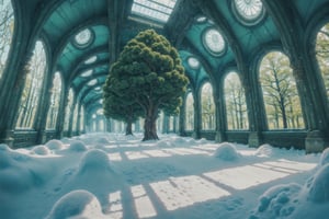 one beautiful green tree, inside large room, some snow, beautiful environment,high details, ornate, biopunk style, realistic, photographic quality, atmospherice perspective ,insertNameHere, nodf_lora