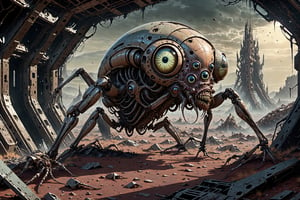 bug eyed humanoid, decayed background, crashed spaceship, hellish landscape, ornate, atmospheric perspective,biopunk style,biopunk