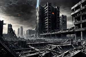 corporate office buildings, destroyed, bombed, desolation, despair, bodies, ruins atmospheric perspective,darkart,science fiction