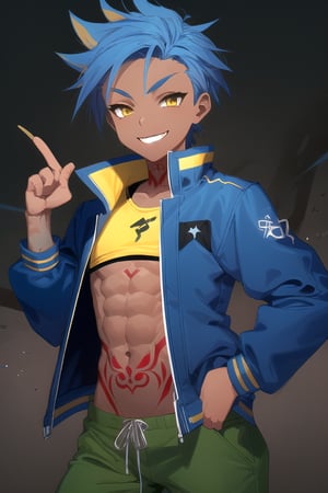 sexy tomboy, short blue spiky hair, yellow eyes, dark skin, blue jacket, baggy pants, reverse trap, smile, best quality anime tattoos, muscular,illustration,line art,kawacy