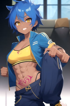 sexy tomboy, short blue spiky hair, yellow eyes, dark skin, blue jacket, baggy pants, reverse trap, smile, best quality anime tattoos, muscular 