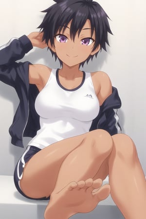 Tomboy, dark skin, short black hair, purple eyes, smile, jacket, shirt, gym shorts, athletic body, bedroom sitting against the wall, barefoot, feet focus, 