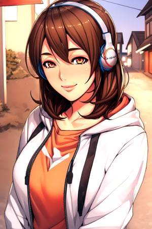 female, short brown hair, white jacket, hoodie, red shirt, normal breasts, orange eyes, headphones, smiling, summer clothes, best quality, town, perfect detail ,Non Style