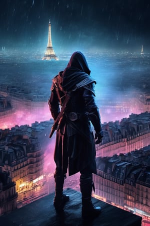  ((assassin Creed)), hoody, black armor, cyberpunk city, neon lights, on top of a tower, crouching on top of a tower, aerial view of PARIS, |((wet surfaces)), rain, lightning, sparks, |(Masterpiece, highly detailed, extremely detailed, beautiful, HD)), (extremely clear CG unity 8k wallpaper, masterpiece, best quality, ultra-detailed, best shadow), (clear background), Movie Still, Film Still, mecha
