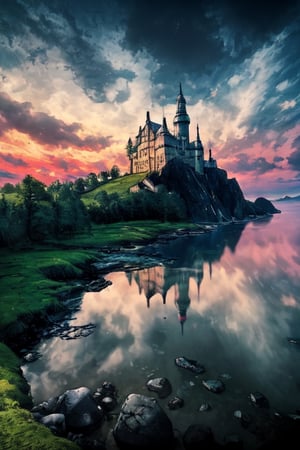Capture the enchantment of a magical castle, reminiscent of the iconic Harry Potter universe. The castle should possess intricate Gothic architecture, with soaring towers, pointed arches, and whimsical turrets. Its façade is adorned with ivy-covered walls, giving it an ancient and mysterious aura. Imagine half of the castle submerged beneath the crystal-clear waters of a serene lake, creating a breathtaking reflection. The underwater portion should be visible through the translucent water, revealing the castle's submerged chambers and magical underwater gardens teeming with vibrant aquatic life. The scene is illuminated by the soft, ethereal light of the setting sun, casting a warm glow across the water's surface and highlighting the castle's enchanting features. Capture this magical moment with the exquisite detail of a high-quality camera, using a wide-angle lens to encompass the grandeur of the castle and its watery surroundings. Opt for a medium format digital camera to ensure maximum clarity and resolution. Set your aperture to f/8 to maintain sharpness and depth, and use a shutter speed of 1/100s to capture the serene water and its gentle ripples. For the perfect finishing touch, apply a subtle HDR effect in post-processing to emphasize the vibrant colors and intricate textures of this fantastical scene. Your image should encapsulate the awe and wonder of this hidden magical world, where land and water coalesce in a mesmerizing dance of architecture and nature,hyperanim,toitoistyle