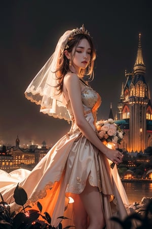 Story, bride posing under a fairy tale, elaborate scene style, glitter, orange, realistic style, 8k,exposure blend, medium shot, bokeh, (hdr:1.4), high contrast, (cinematic, dark orange and white film), (muted colors, dim colors, soothing tones:1.3), low saturation, (hyperdetailed:1.2), (noir:0.4)