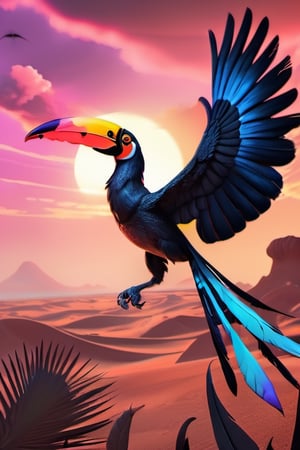 (masterpiece), 8k, best quality, zombie tucan, parasyte leaves sourrounding his wing, beautiful back,nd, desert with a pink sky, dynamic battle pose, eating a mole, evil sight extremely detailed ,oni style