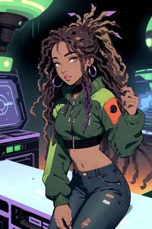 A cute beautiful black girl ebony1.6, Chinese mixed1.2 girl)(black crop top1.4, dark green crop jacket, with jeans)(long dark purple1.6 dreads1.5 locks, rasta1.4)(leaning on a futuristic  spaceship themed sci-fi kitchen counter) studio Ghibli x GTA character STYLE, , as the protagonist
