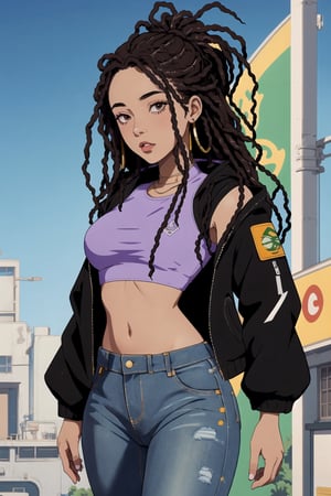masterpiece, Beautiful, brown_skin Chinese 1girl, black crop top, crop jacket, jeans, long purple dreads, Rasta, futuristic settings, studio Ghibli X GTA 5 artstyle, Protagonist