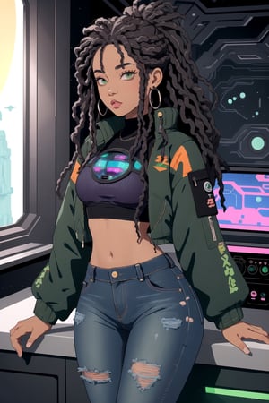 A cute beautiful black girl ebony1.6, Chinese mixed1.2 girl)(black crop top1.4, dark green crop jacket, with jeans)(long dark purple1.6 dreads1.5 locks, rasta1.4)(leaning on a futuristic  spaceship themed sci-fi kitchen counter) studio Ghibli x blender 3D character STYLE, , as the protagonist