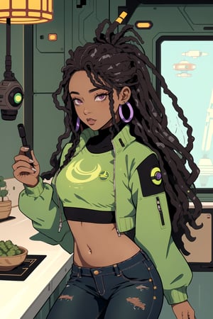 A cute beautiful black girl ebony1.6, Chinese mixed1.2 girl)(black crop top1.4, dark green crop jacket, with jeans)(long dark purple1.6 dreads1.5 locks, rasta1.4)(leaning on a futuristic  spaceship themed sci-fi kitchen counter) studio Ghibli x GTA character STYLE, , as the protagonist