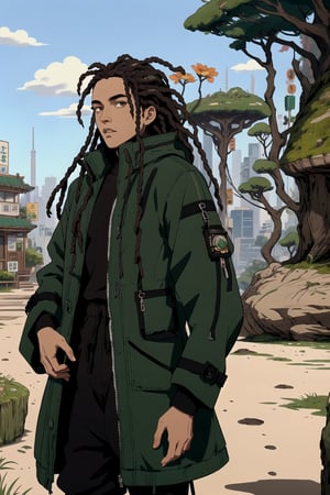 Perfect anatomy, masterpiece, Handsome, ebony1.2 Chinese 1boy, long black futuristic trench coat, moss green joggers, long thick1.2 dreads, Rasta, futuristic settings, studio Ghibli X GTA 5 artstyle, Protagonist, city, park, flowers, close up