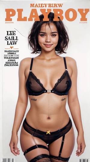 playboy cover, magazine, full-length_portrait, photograph of a 17-years-old indonesian female, detailed face, looking at viewer, surreal, short hair, sheer cloth, garter belt, A beaming radiant girl with a genuine smile, simple dark background, Sexy Pose, masterpiece,